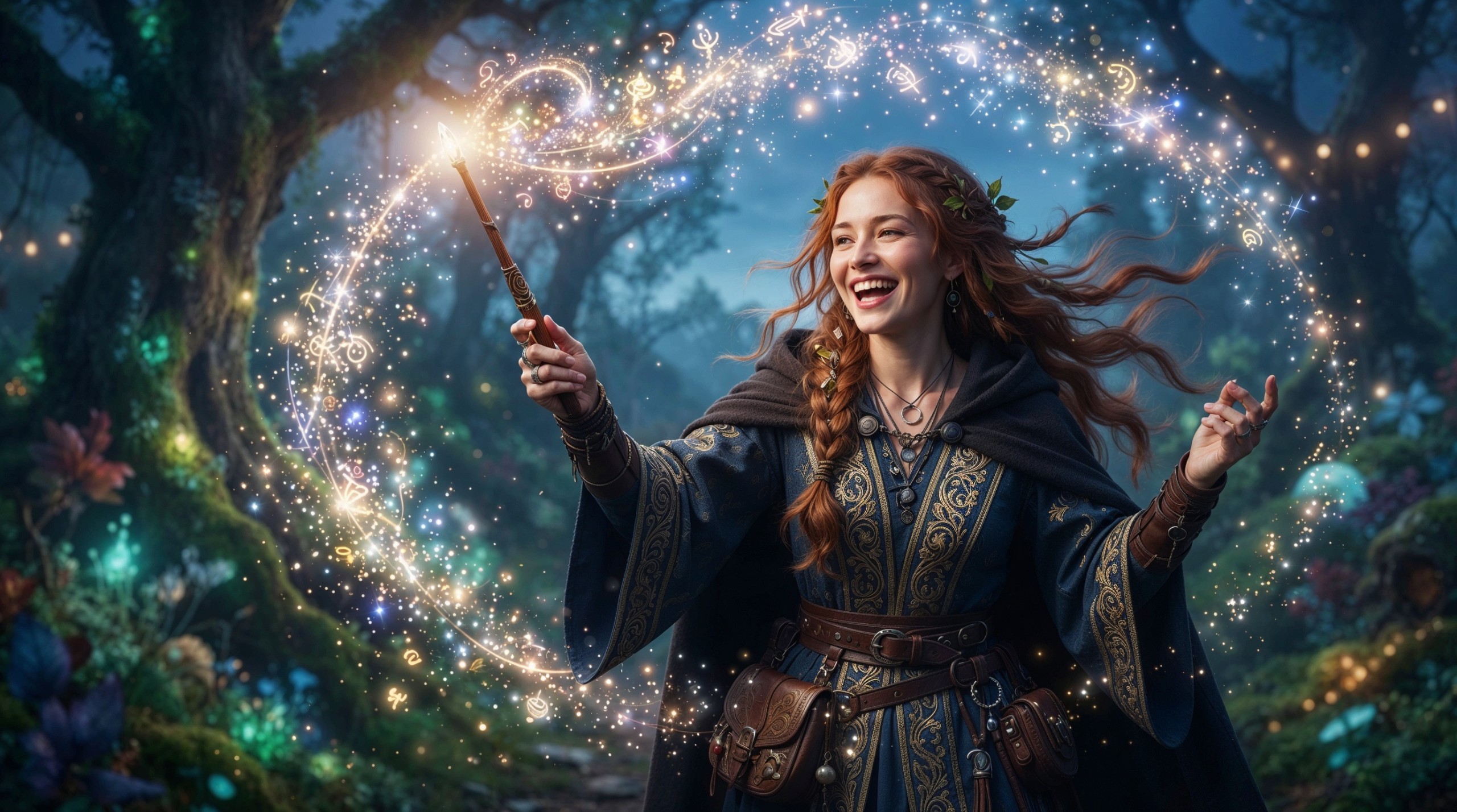 A female wizard casts a spell with her wand while encircled by sparkling magic.
