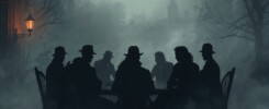 Shady group of 80s mafia and Victorian era people sit around a fog shrouded table.