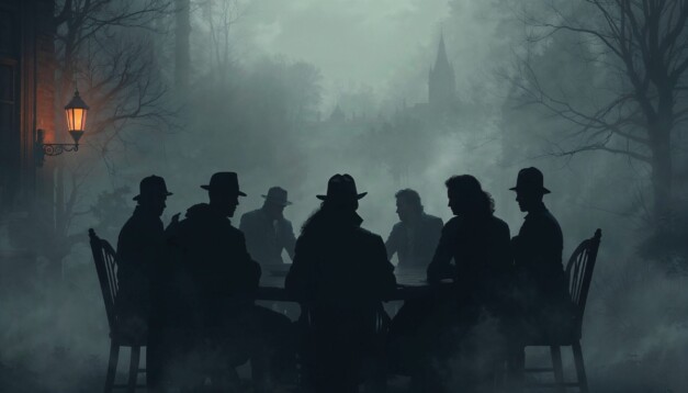 Shady group of 80s mafia and Victorian era people sit around a fog shrouded table.